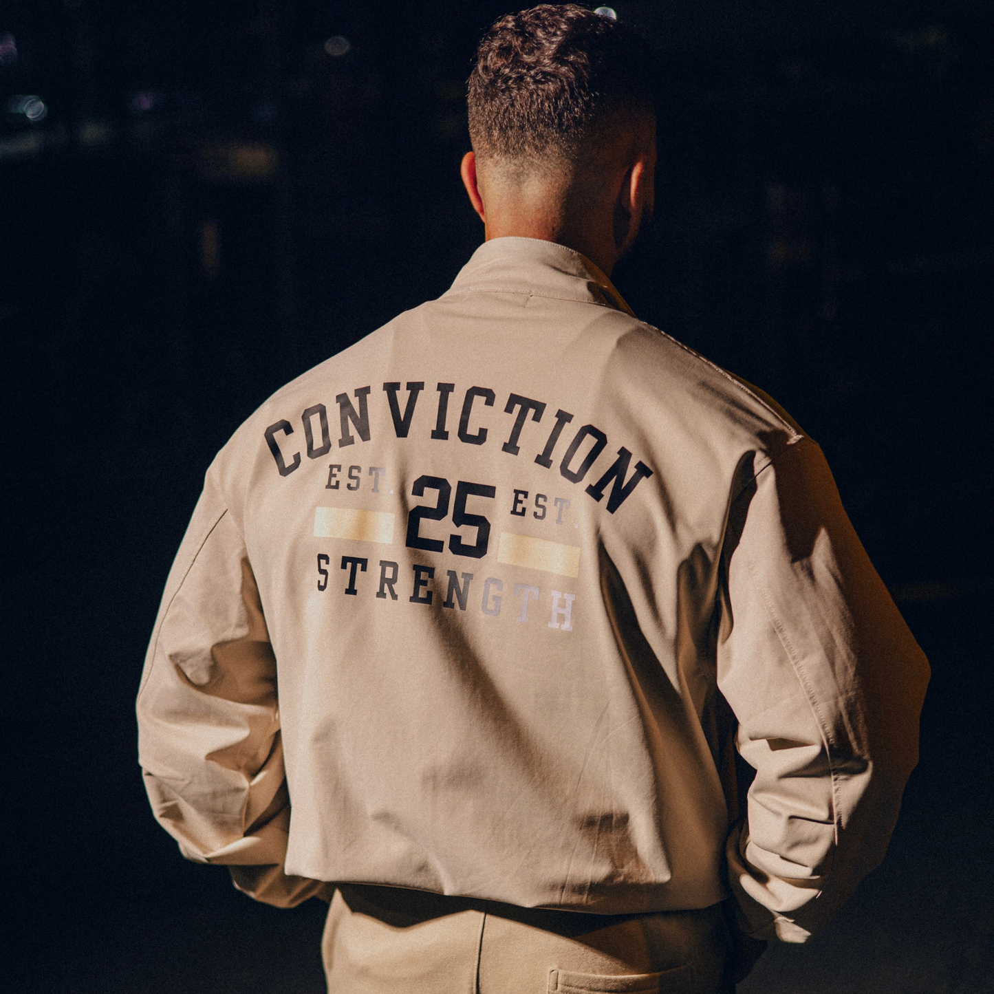 “CONVICTION STRENGTH” Stand Collar Bomber Jacket