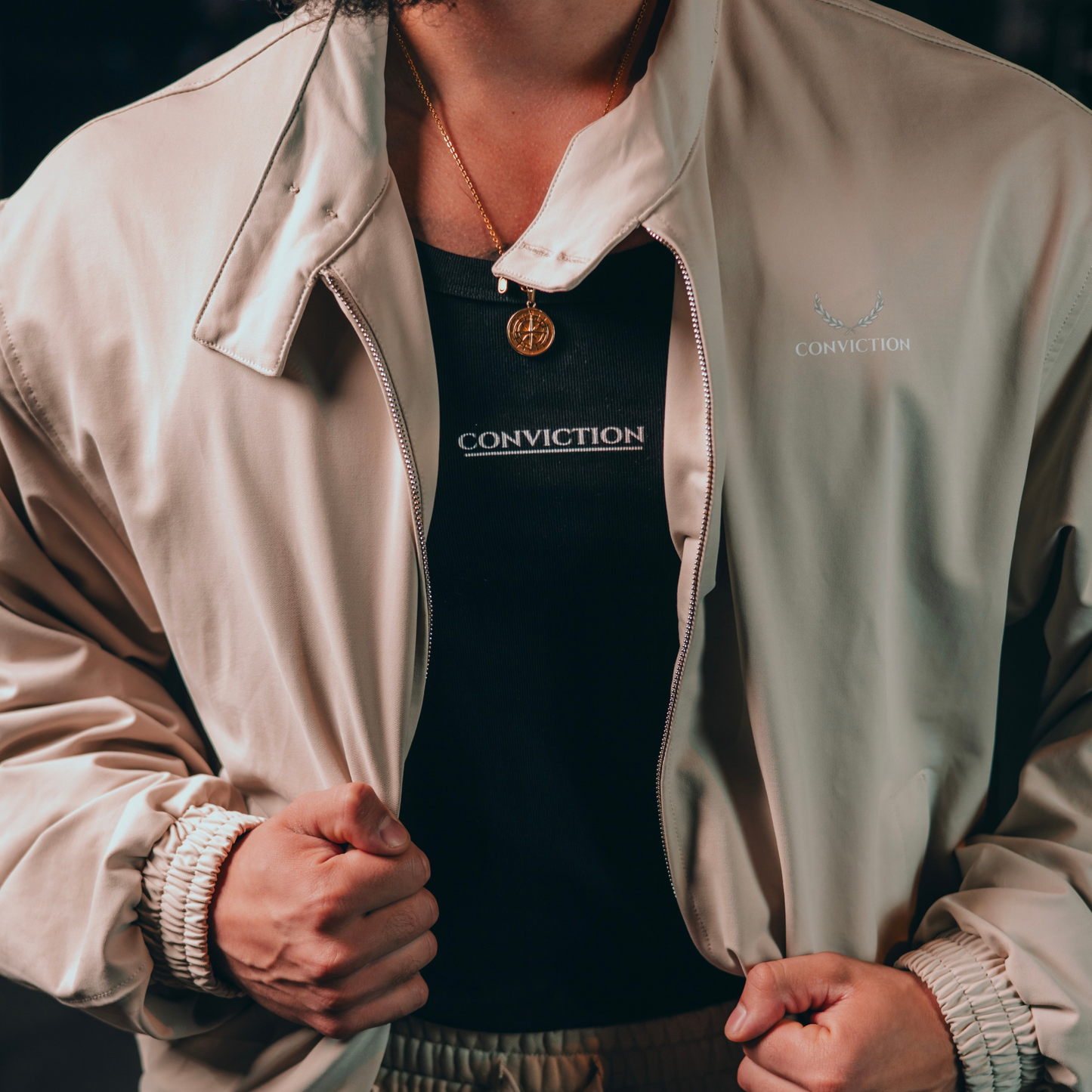 “CONVICTION STRENGTH” Stand Collar Bomber Jacket