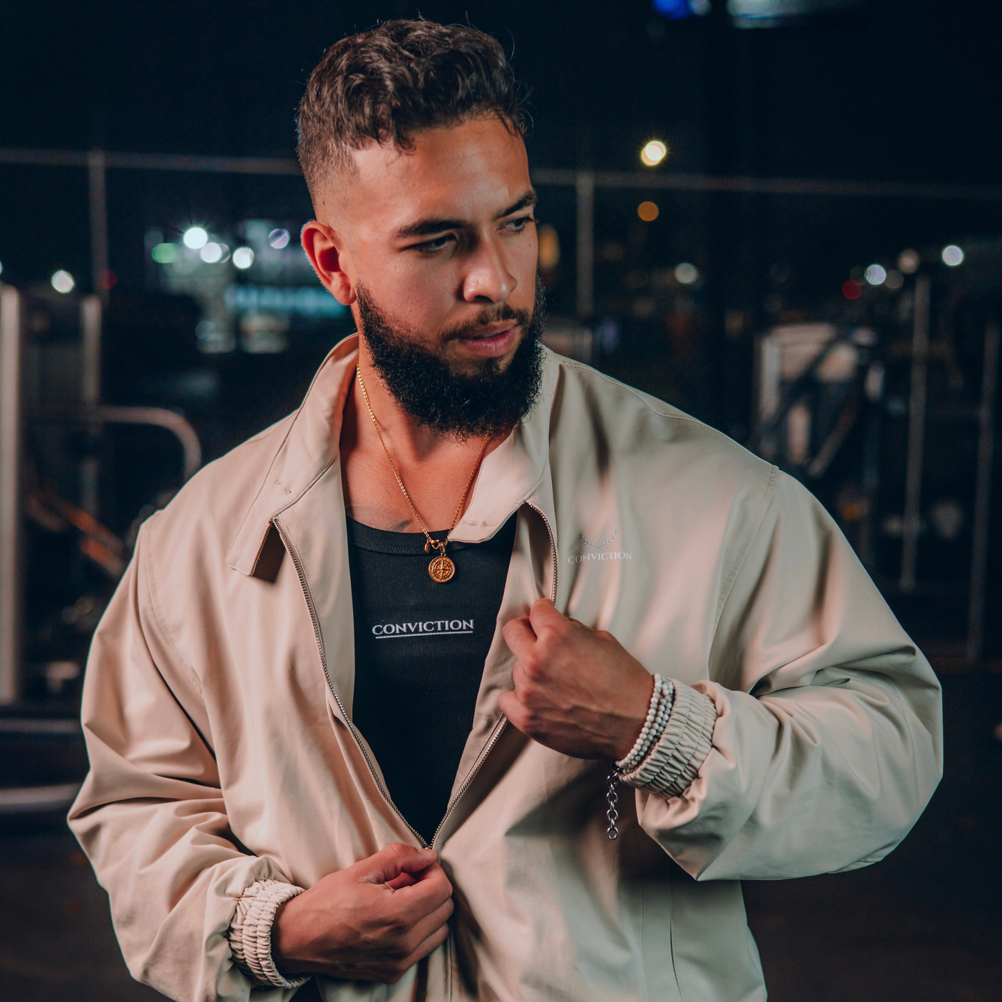“CONVICTION STRENGTH” Stand Collar Bomber Jacket